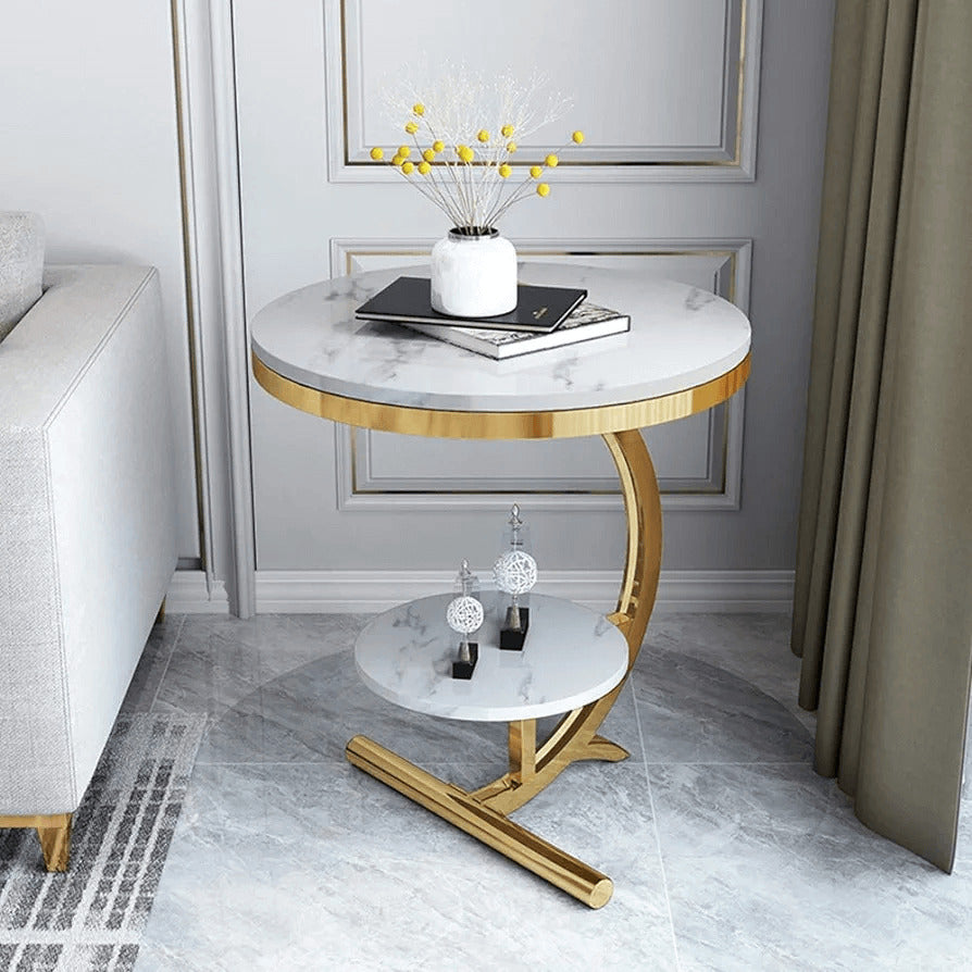 Elegant C-shaped side table with a gold base by Easycraft, featuring a sleek design and luxurious finish, perfect for adding a touch of glamour to any room