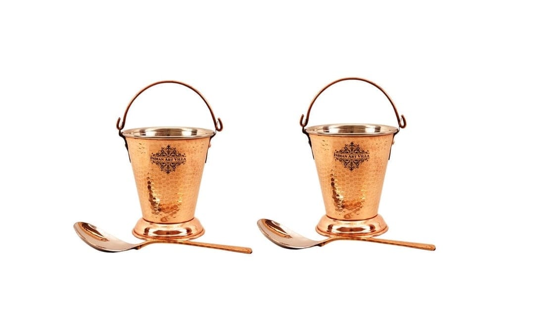 COPPER-STEEL SERVING BUCKET SET/2 WITH SPOONS