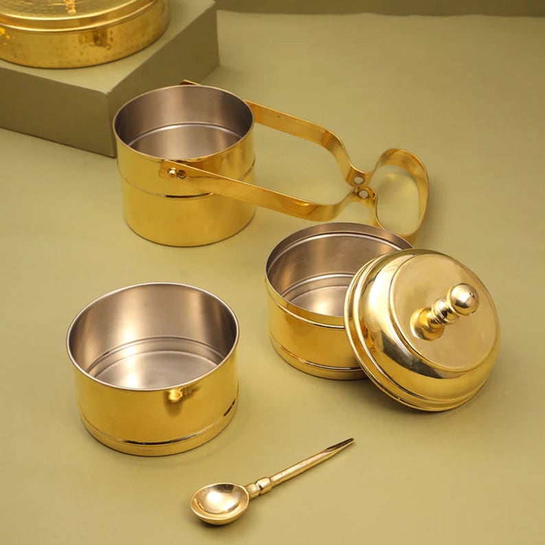 Brass Tiffin Box 3 Tier With Spoon